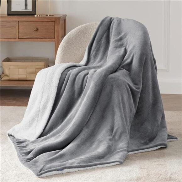 Twin Sherpa Fleece Throw Blanket Soft Plush Warm Cozy Blanket Grey for Couch - Picture 2 of 7
